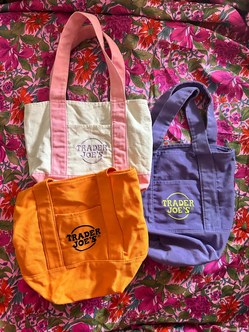 Lot of 3 Trader Joe's Canvas Tote Bag - Pink & Cream, Orange, Purple